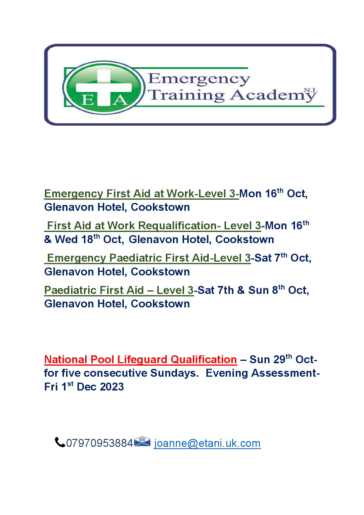 Upcoming First Aid courses run by ETA NI located in your local area that can be attended by both children and adults.